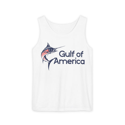 Gulf of America Unisex Garment-Dyed Tank Top, Summer Beach Wear, Fishing Gift, Patriotic Apparel, Vacation Essentials, Outdoor Fun
