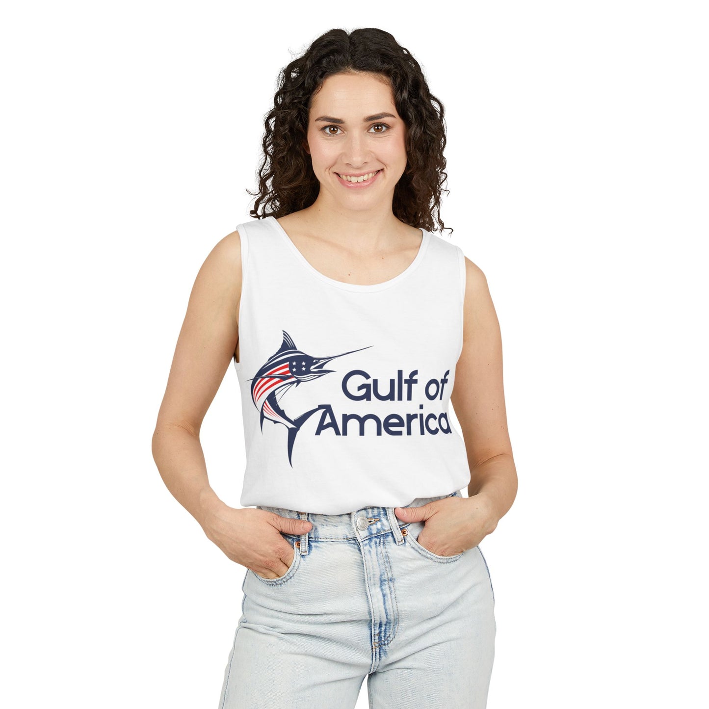 Gulf of America Unisex Garment-Dyed Tank Top, Summer Beach Wear, Fishing Gift, Patriotic Apparel, Vacation Essentials, Outdoor Fun