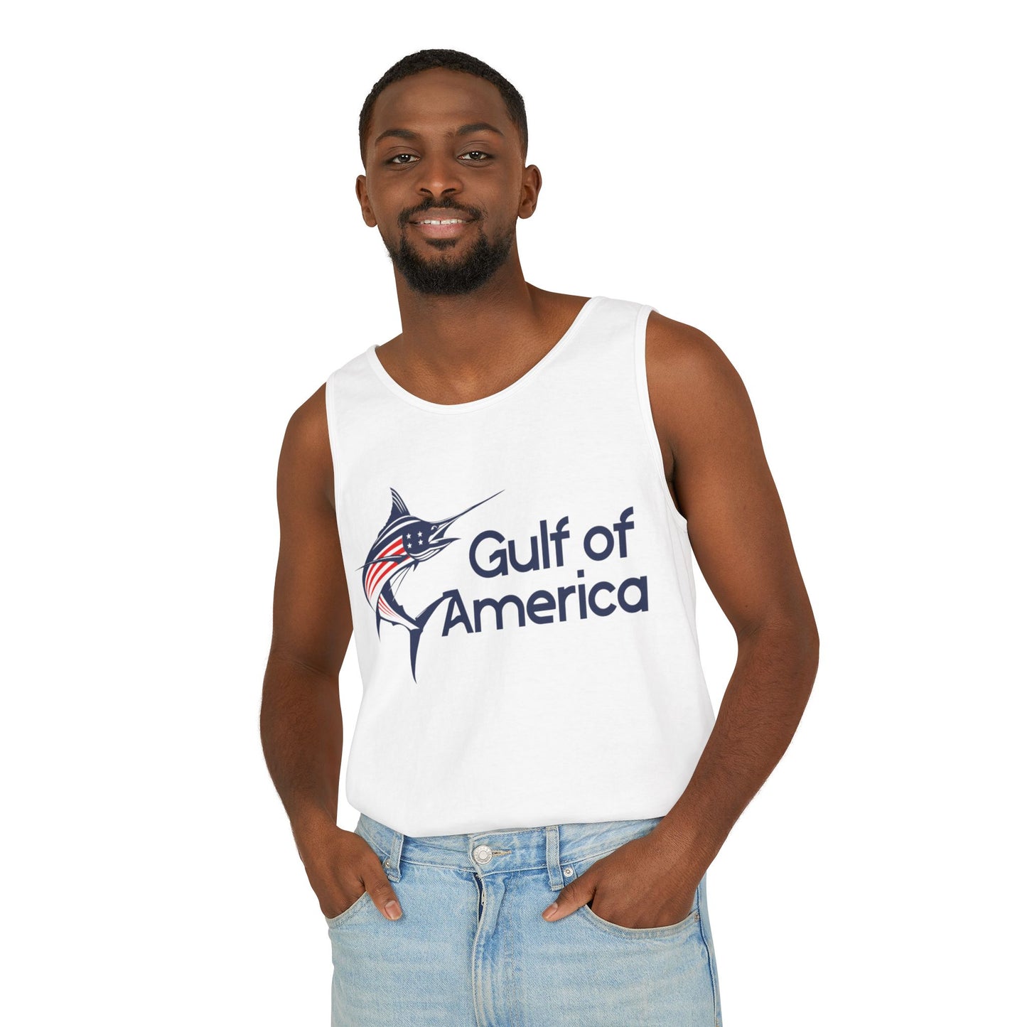Gulf of America Unisex Garment-Dyed Tank Top, Summer Beach Wear, Fishing Gift, Patriotic Apparel, Vacation Essentials, Outdoor Fun