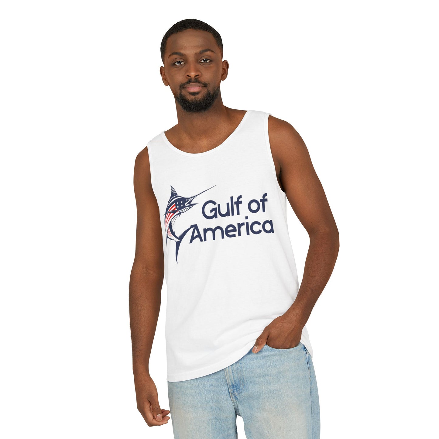 Gulf of America Unisex Garment-Dyed Tank Top, Summer Beach Wear, Fishing Gift, Patriotic Apparel, Vacation Essentials, Outdoor Fun